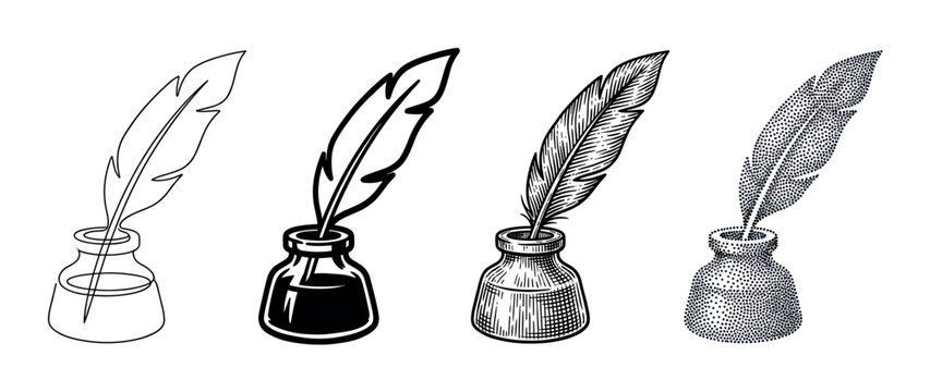Set of four quill pens in inkwells illustrated in different artistic styles from simple outline to detailed engraving and stippling, representing vintage writing and classic literature