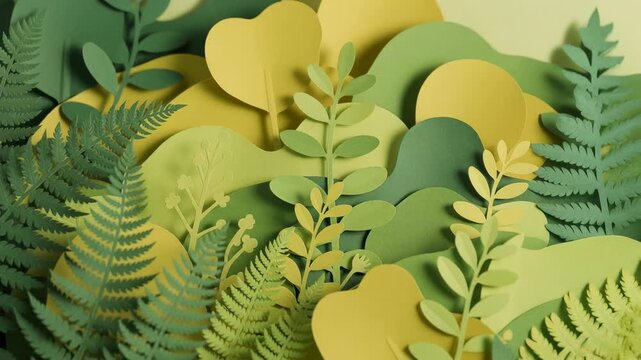 Abstract green and yellow paper cutout plants and leaves background with layered foliage design
