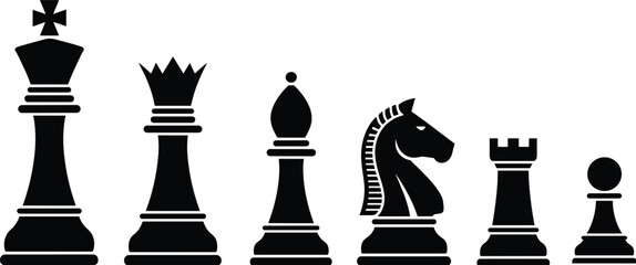 chess pieces silhouette set, king queen bishop knight rook pawn icons, classic board game strategy symbols vector ©  jahanara