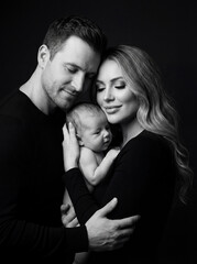 Family portrait of parents holding newborn baby in loving embrace  