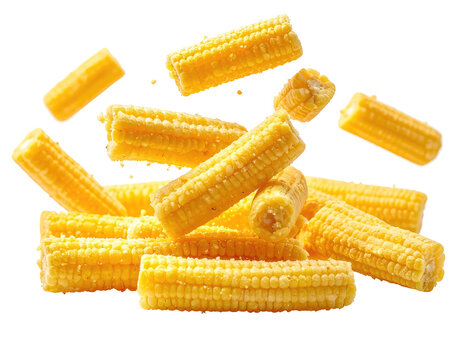 Small yellow cobs of corn, seasoned and scattered on a dark background