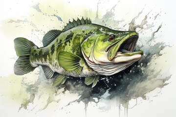 Fototapeta premium Largemouth bass fish jumping from water with paint splatters