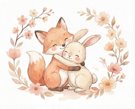 Animated watercolor of a cute baby fox and bunny rabbit hugging inside a floral wreath
