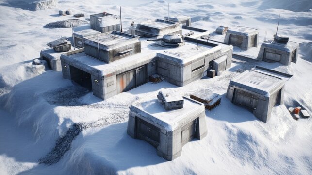 Military Outpost in Cold Winter Scene with Wide Shot of Snowy Landscape