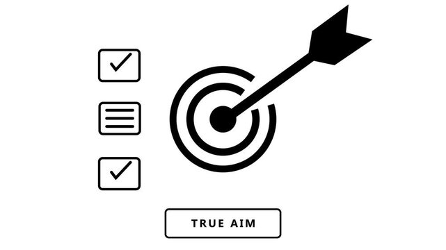 A clean white background showcases a minimalist black set featuring a bullseye target with an arrow hitting the center, a checklist with two completed tasks and one pending and the text TR