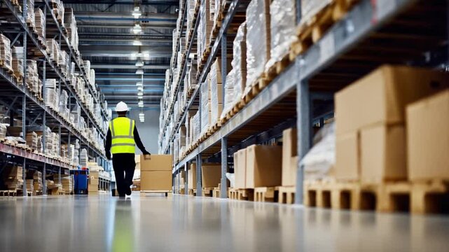 Warehouse Efficiency: A warehouse worker navigates rows of stocked shelves, managing inventory. This image captures the logistics of the workplace.