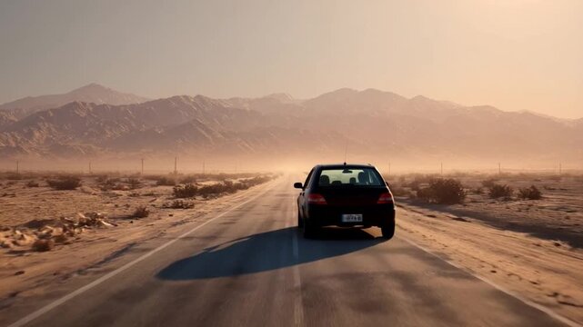 Open Road Adventure: A solitary car journeys along an endless, sun-kissed road, flanked by majestic mountains in the distance, promising freedom and adventure. 