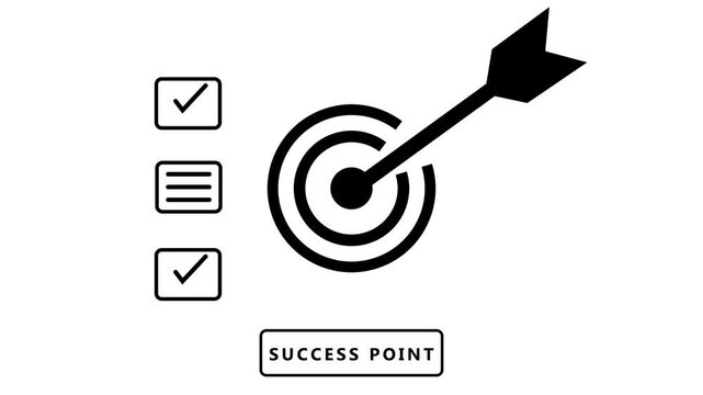 A black arrow precisely hitting the bullseye of a target accompanied by a checklist with two checkmarks and a bulleted list on a clean white background symbolizing accomplishment and goal