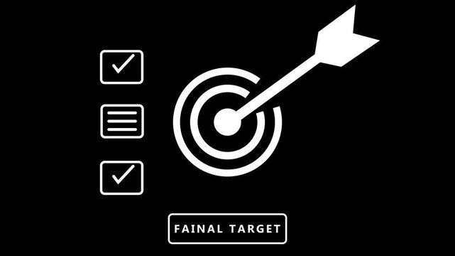 A minimalist white set featuring a bullseye target with an arrow hitting the center, accompanied by a checklist with two completed and one pending task, all set against a stark black