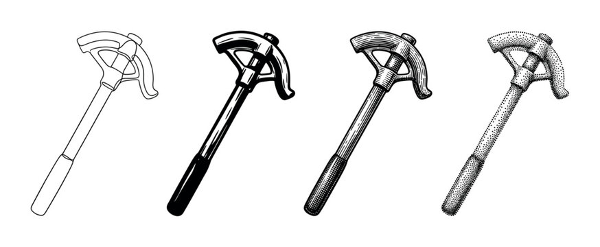 Four conduit bender hand tools illustrated in a set of different monochrome graphic styles including outline, solid, engraving, and stippling for technical design