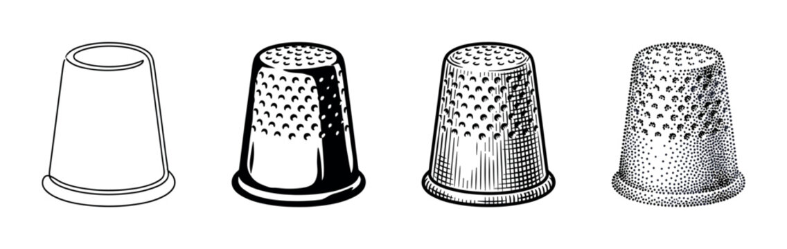 Set of four sewing thimbles illustrated in different artistic styles, including line art, graphic silhouette, engraving, and stippling for a vintage, hand-drawn look