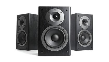 Obraz premium Three Black Speakers on a White Background for Audio Enthusiasts.