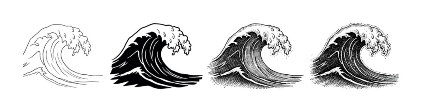 Set of four ocean wave illustrations in different artistic styles, including line art, silhouette, engraving, and stippling, in a vintage hand-drawn monochrome design