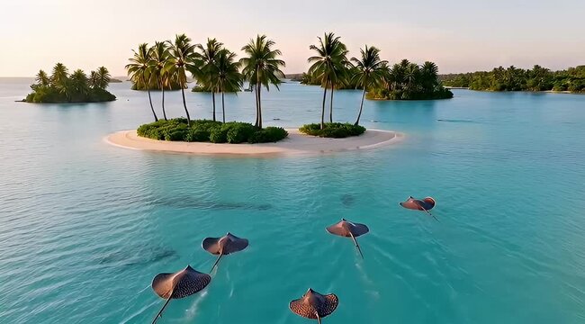 Tropical paradise with islands, palm trees, turquoise water, and graceful stingrays