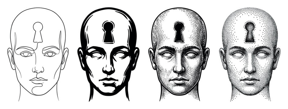 Four conceptual illustrations of a human head with a keyhole on the forehead, showcasing a progression of artistic styles from line art to engraving and stippling