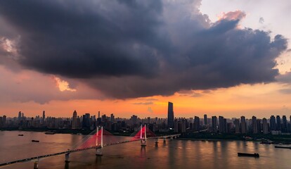 Fototapeta premium Second Yangtze River Bridge Evening Cityscape View