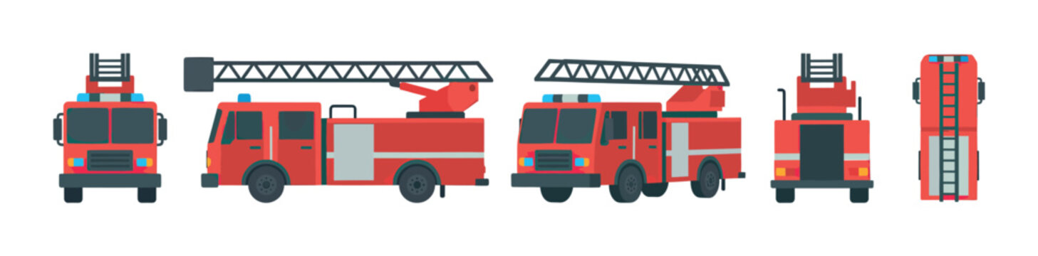 Red fire truck illustration set showing multiple views including front, side, back, top, and isometric for emergency vehicle concepts in a flat vector cartoon style