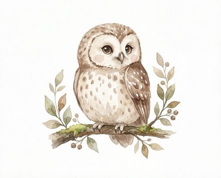Animated watercolor of a cute owl sitting on a branch with a floral frame on a white background