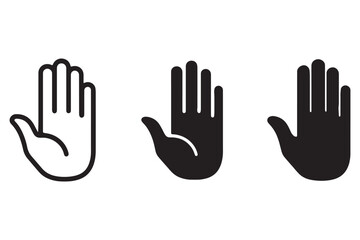 Obraz premium Three black and white hand icons with palms facing outward in a stopping or rejecting gesture on a plain white background.