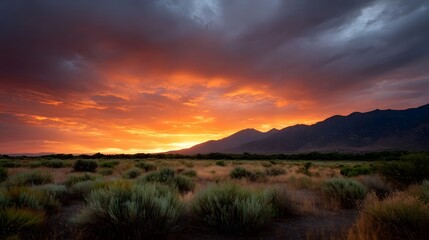 Dramatic sunset paints the sky with vibrant orange and red hues casting a warm glow over a serene mountainous landscape and arid terrain