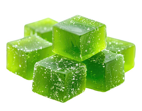 Pile of translucent green square candies dusted with fine sugar crystals