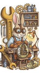 Vertical steampunk rabbit watchmaker repairing a clockwork egg for workshop background and poster design