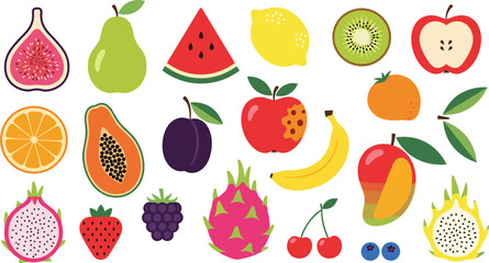 Colorful Tropical Fruit Icon Set Featuring Fig, Pear, Watermelon, Lemon, Kiwi, Apple, Orange, Papaya, Banana and Dragon Fruit for Healthy Food Design
