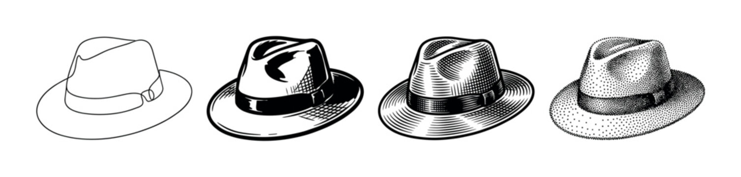 Set of four vintage fedora hats showing different illustration styles from simple line art to detailed engraving, hatching, and stippling techniques in a monochrome design
