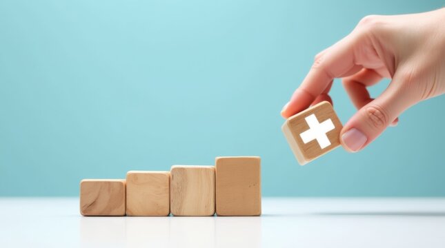 Hand adding wooden block with plus sign to row value added 
