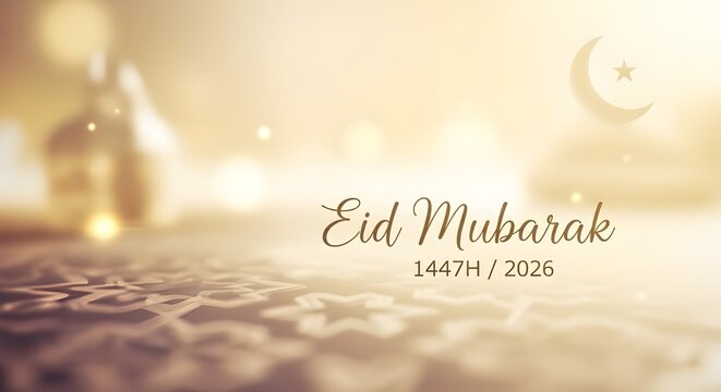 A sophisticated and warm-toned digital greeting card for Eid 2026 (1447H) features elegant "Eid Mubarak" script, a glowing crescent moon, and intricate geometric Islamic patterns on a soft bokeh-style