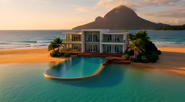 Luxurious beachfront villa with infinity pool overlooking the ocean at sunset