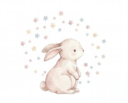 Animated watercolor of a cute baby bunny rabbit sitting under twinkling stars on a white background