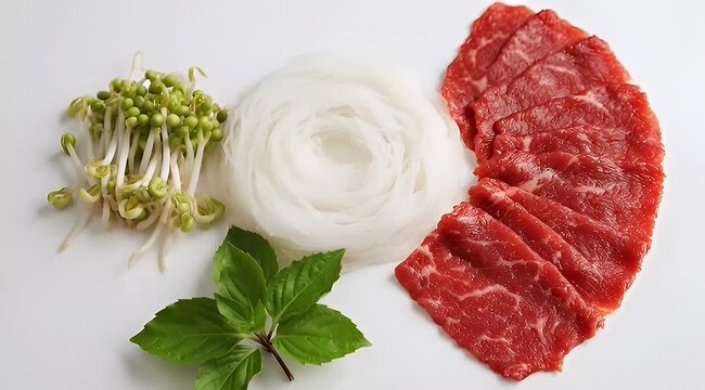 Ingredients for Pho Bo Vietnamese Noodle Soup including Rice Noodles Beef and Sprouts