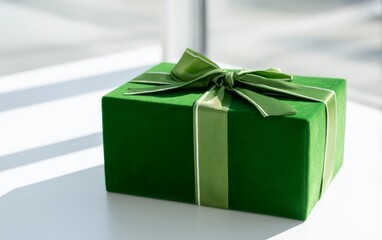 Fototapeta premium Luxurious Green Gift Box with Velvet Texture and Elegant Ribbons