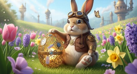 Adorable steampunk bunny with goggles holding ornate golden easter egg in a spring flower meadow for holiday poster and children background design