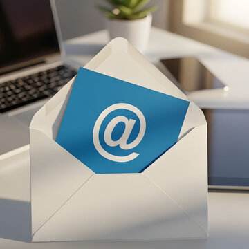 Email symbol on a blue card in an open white envelope on a modern office desk with laptop and plant