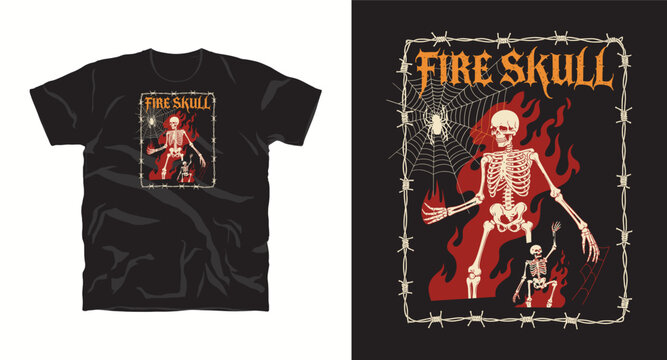 Burning skeleton surrounded by flames and barbed wire spooky halloween theme