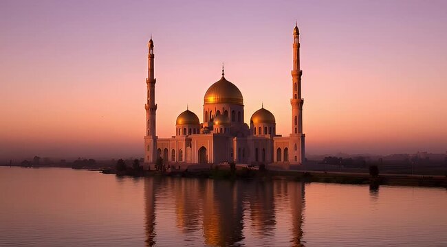 Majestic mosque with golden domes reflecting in water at a peaceful sunrise