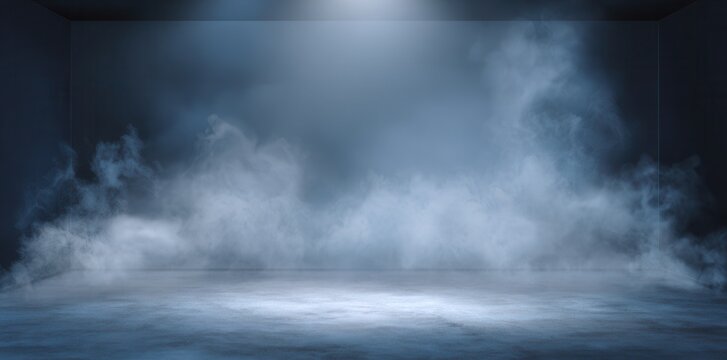 어두운 방 안에서 바닥을 따라 퍼지는 신비로운 안개와 조명 효과