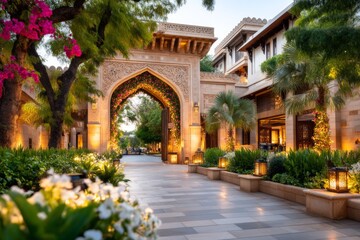 Obraz premium Ornate Royal Archway Leading into Luxurious Palace Garden at Dusk