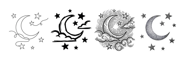 Fototapeta premium Set of four crescent moon illustrations with stars in various artistic styles including line art, sketch, engraving, and stippling, representing celestial and magical themes