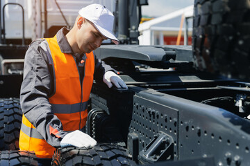 Fototapeta premium Male mechanic technician inspecting heavy truck tires in industrial setting, professional service for mining vehicle