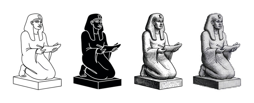 Set of four ancient Egyptian scribe statue illustrations showing a kneeling figure writing, presented in line art, silhouette, engraved, and halftone artistic styles