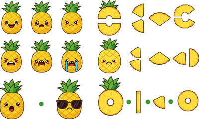 Fototapeta premium Cute Pineapple Emoji and Slice Icon Set Featuring Cartoon Pineapple Faces, Pineapple Rings and Pieces for Tropical Fruit Design and Fun Food Graphics