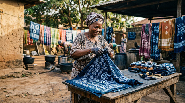 African artisan folding freshly dyed adire cloth outdoors, Afrohemian decor, adire, african textile