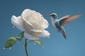 Fototapeta premium Vibrant hummingbird visiting a blooming white rose against a clear sky