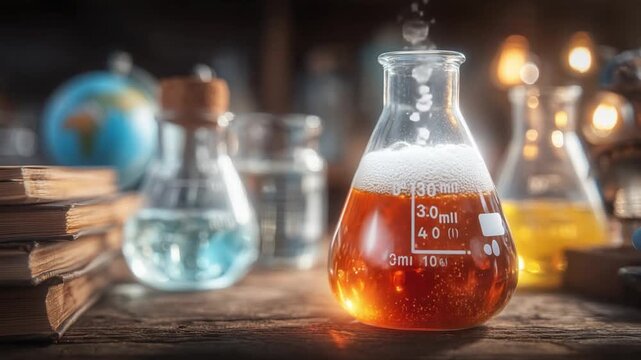 Alchemy Lab: A captivating display of flasks filled with bubbling and vibrant liquids, set amidst a backdrop of vintage books and globes.
