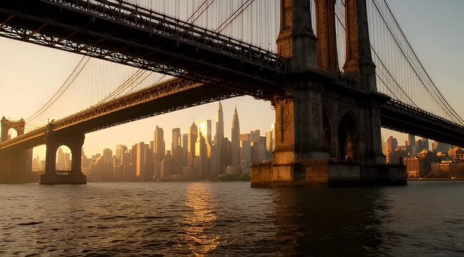 Golden hour view of the Brooklyn Bridge with New York City skyline