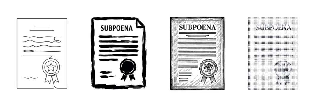 Set of four subpoena document illustrations in different artistic styles including line art, grunge, engraving, and pixelated dot matrix, each featuring a seal and text