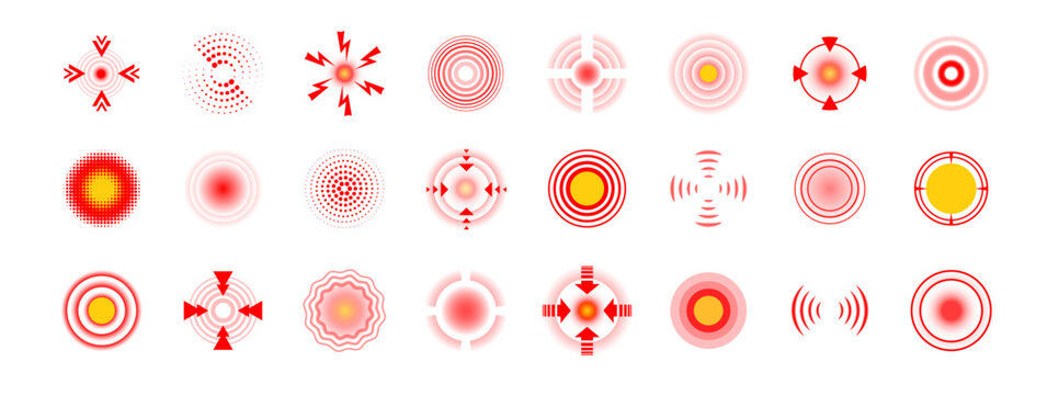 Red pain point ripple target set. Concentric circle pulse wave with glowing highlight. Circular radar signal with stress spot. Medicine health icon vector design